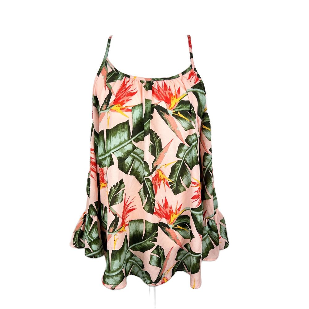 Seven Sisters Blouse Women Large Pink Floral Tropical Cold Shoulder Long Sleeve